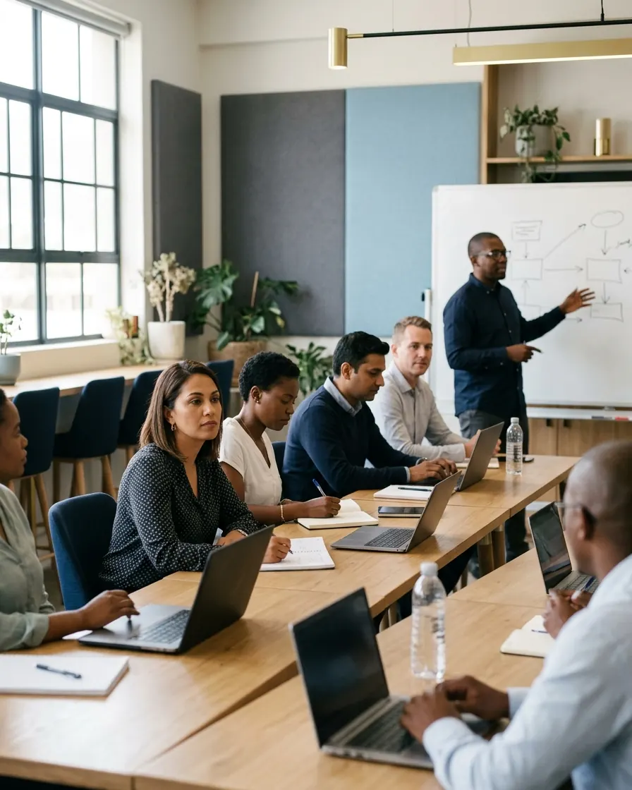 Learners with laptops in a training session, with a facilitator at a whiteboard