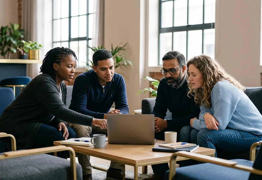 Group of people learning together on a laptop